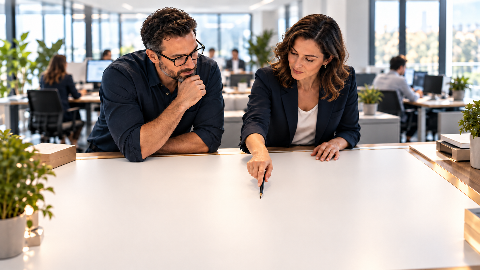 Business colleagues planning at a table, with a coded operating system of process tiles, people and connected paths.