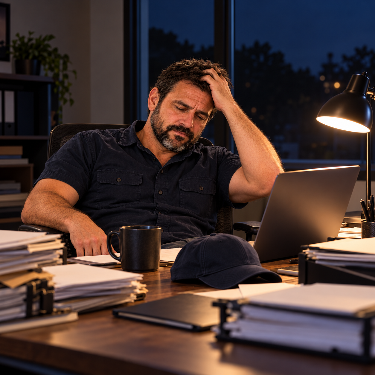 Mike, an HVAC business owner, sits at his desk late at night with his hand on his head, stacks of paperwork and his cap in front of him.
