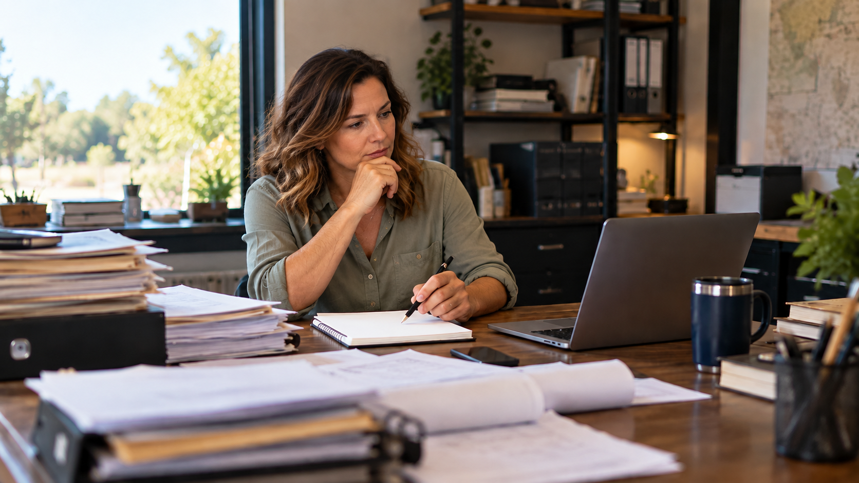 Business owner considering her next priority at her desk.