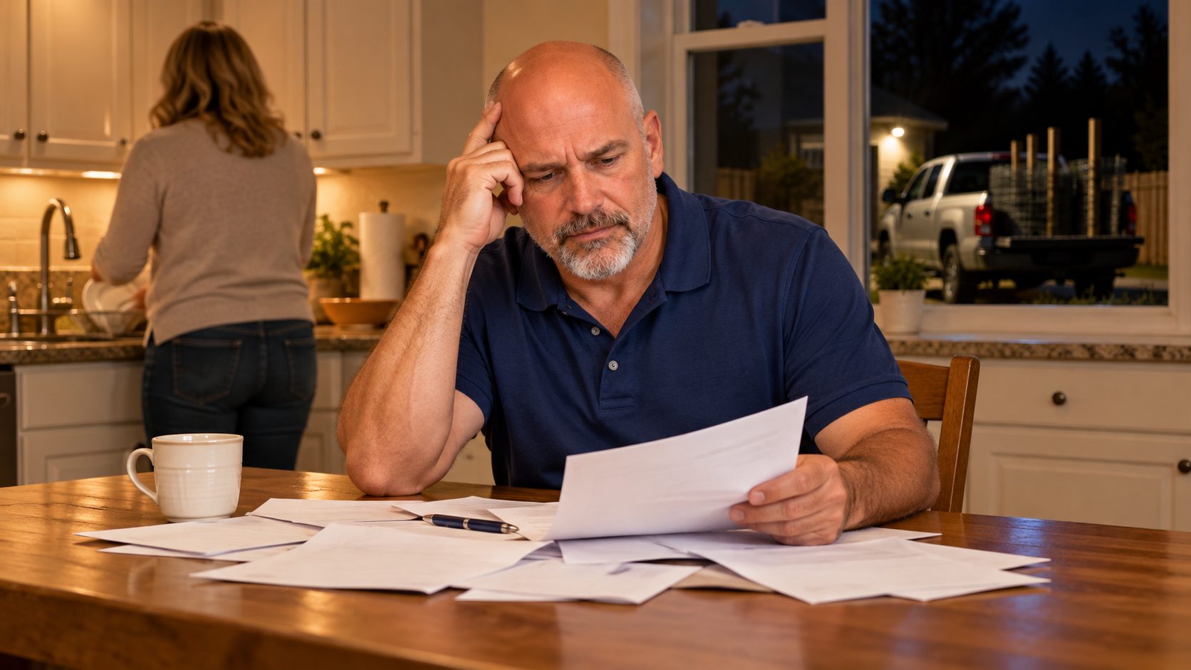 Rick sits at his kitchen table late at night, rubbing his forehead over a spread of unpaid invoices, his work truck parked outside.