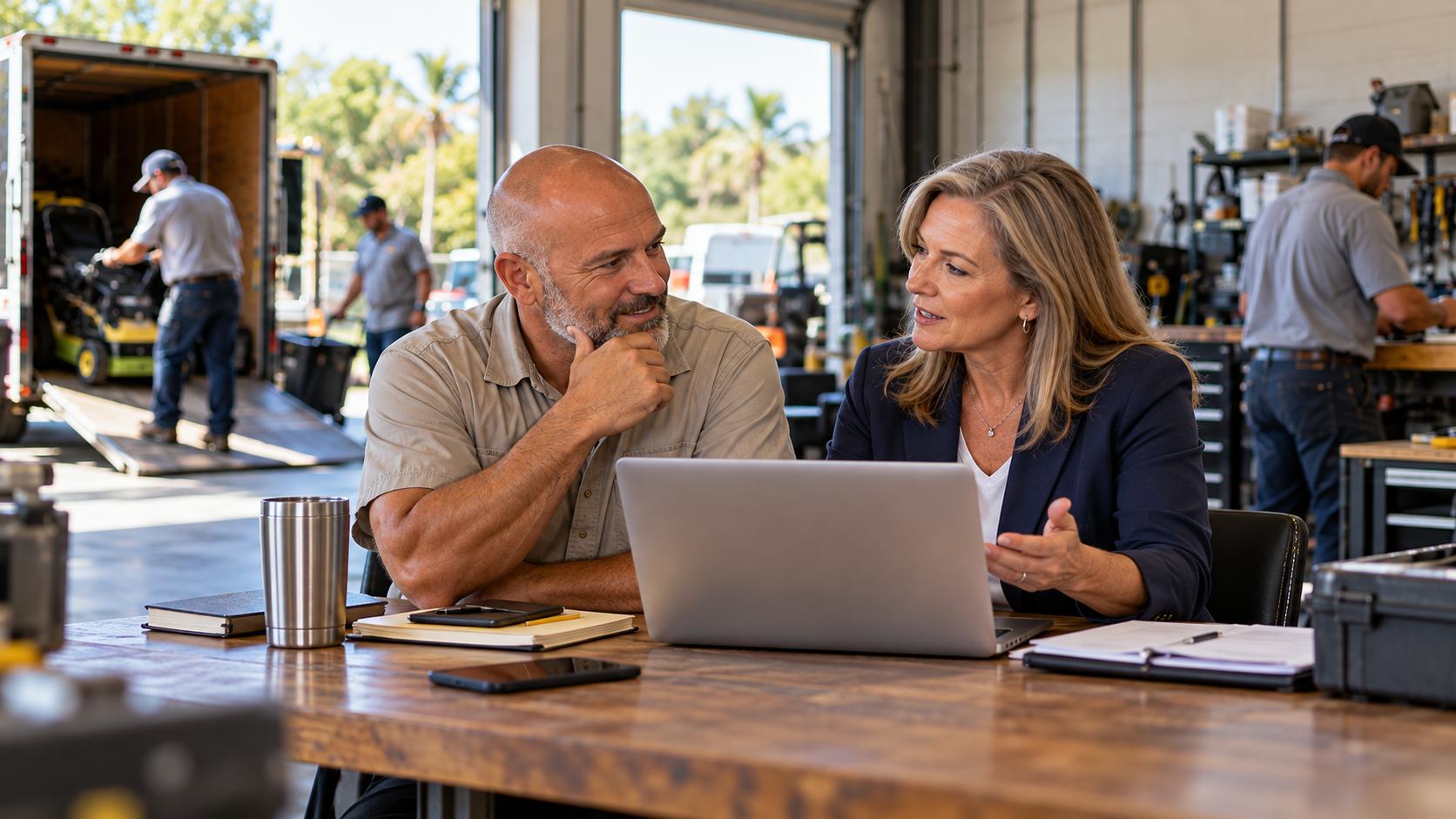 Business owner consulting an advisor while staff continue working in the background.
